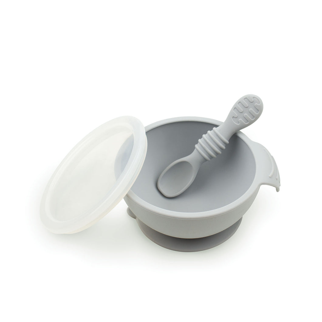 Silicone First Feeding Set with Lid & Spoon - Grey